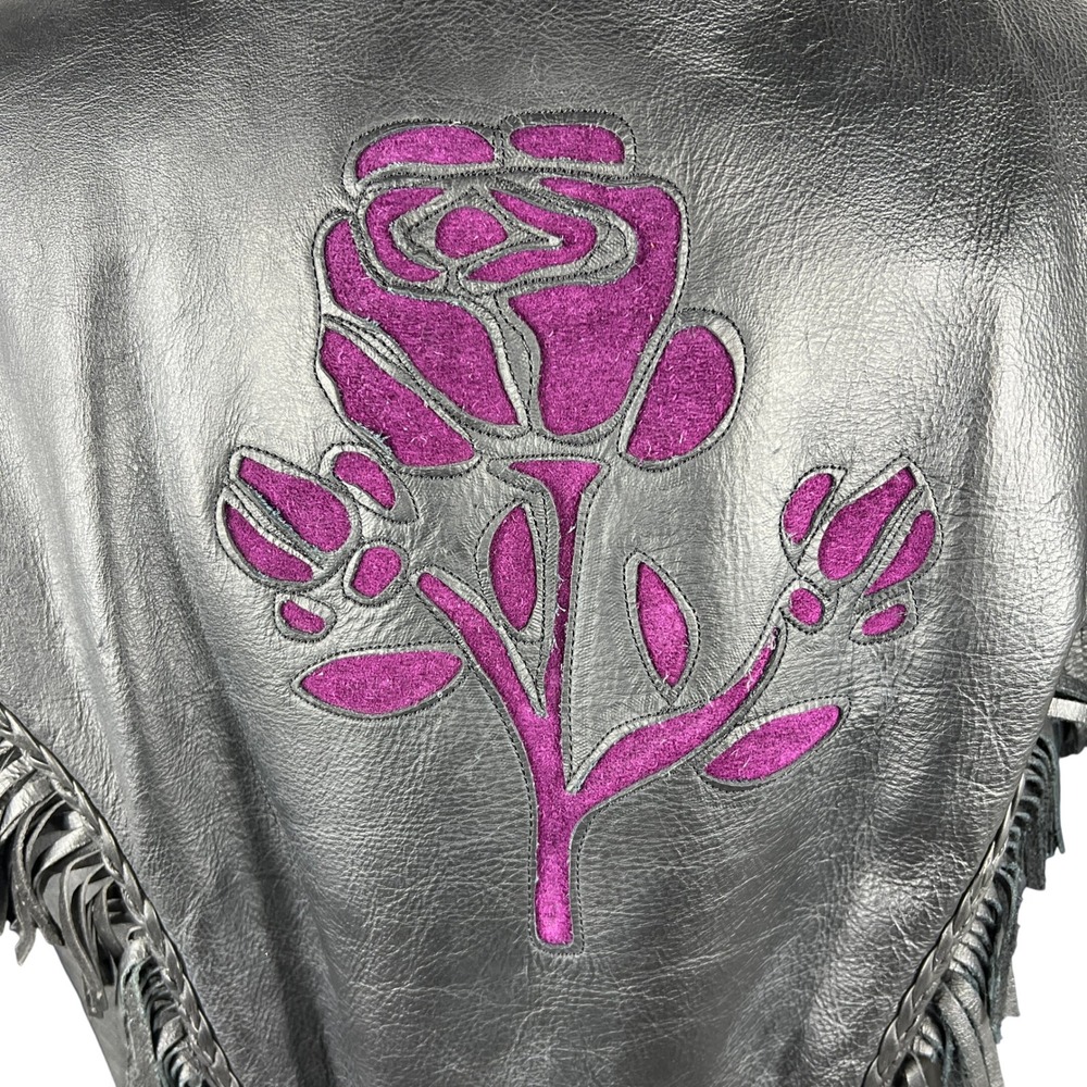 UNIK Leather Fringe Biker Jacket Small Black Purple Rose Inlay Motorcycle Goth - Picture 5 of 15